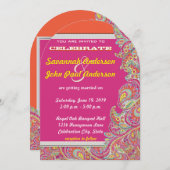 ピーコックペイズリータンゲリンマスタードイエロー明るい赤紫色 招待状 (正面/裏面)
