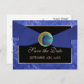 ピーコックボタン&ボウ日付を保存はがき – 青 案内ポストカード (正面/裏面)