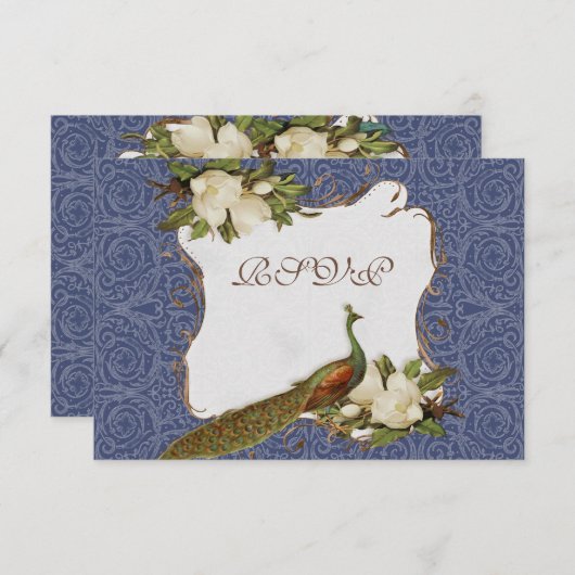 ピーコックマグノリアフローラスワールダマスウェディングネイビー 出欠カード (正面/裏面)