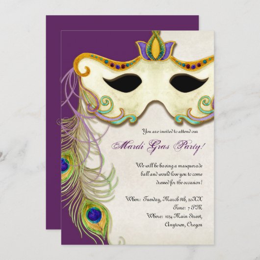 ピーコックマスカレードマスクボール-マルディグラスパーティー 招待状 (正面/裏面)