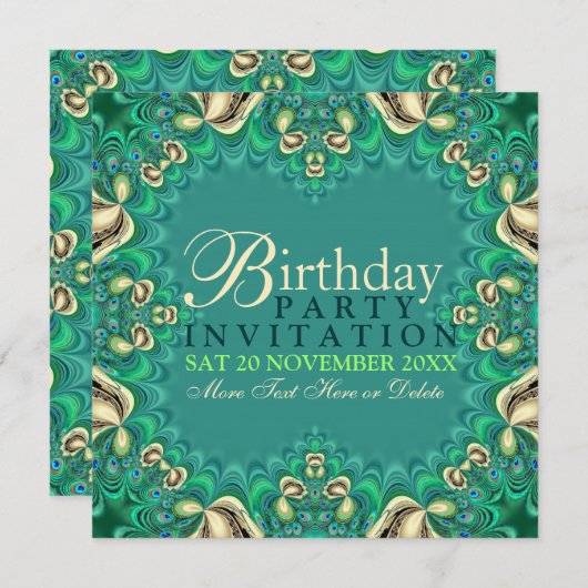 ピーコックレースエレガント誕生日パーティー招待状 招待状 (正面/裏面)