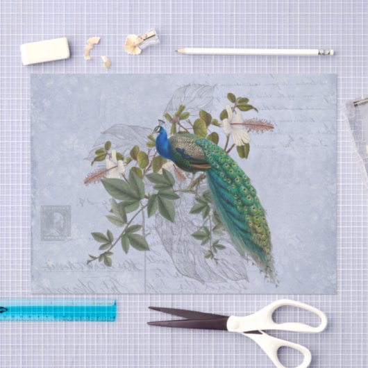 ピーコックロマンチックブルーヴィンテージグラフィックアートエフェメラ 薄葉紙 (クラフト)