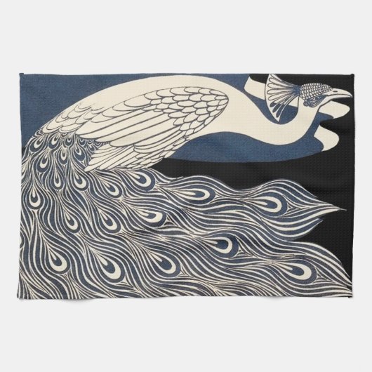 ピーコックヴィンテージブルーアールヌーボーアート キッチンタオル (横)