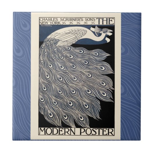 ピーコックヴィンテージブルーアールヌーボーアート タイル (正面)