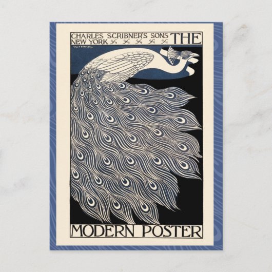 ピーコックヴィンテージブルーアールヌーボーアート ポストカード (正面)