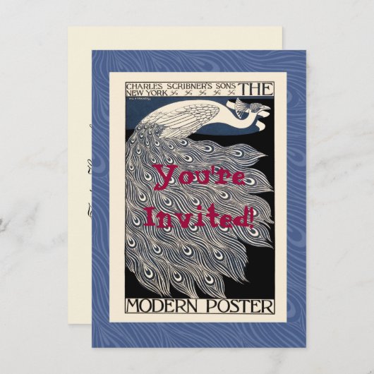 ピーコックヴィンテージブルーアールヌーボーアート 招待状 (正面/裏面)