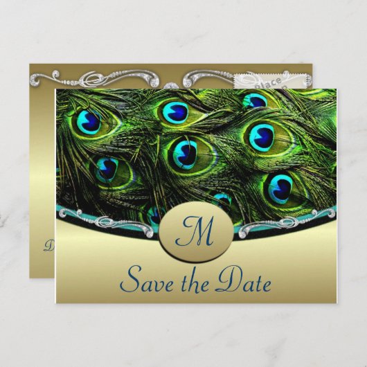 ピーコック日付の結婚式のカードを保存 案内ポストカード (正面/裏面)