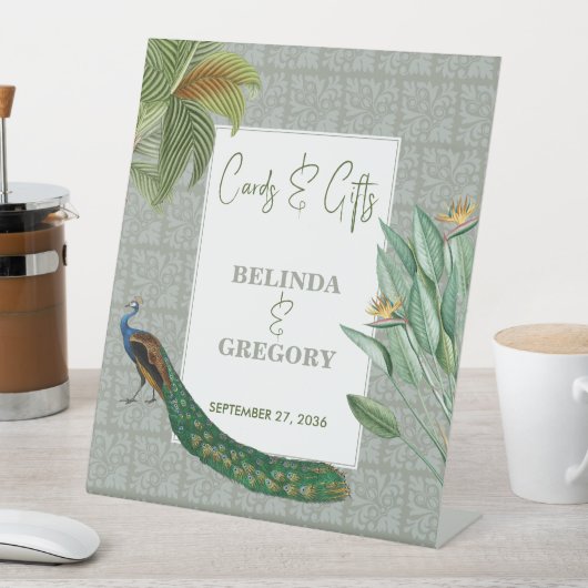 ピーコック熱帯緑のウェディングカードギフトサイン 台座サイン (インサイチュ)