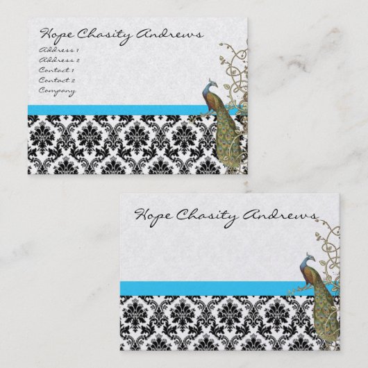ピーコック白黒ダマスクブライトアクアトリム 名刺 (正面/裏面)