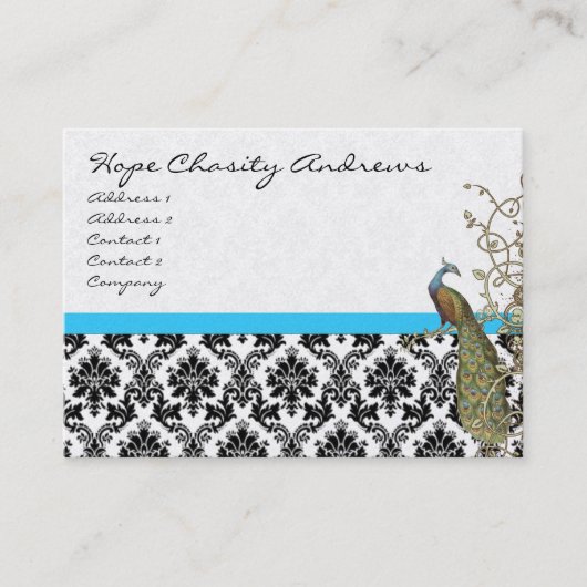 ピーコック白黒ダマスクブライトアクアトリム 名刺 (正面)