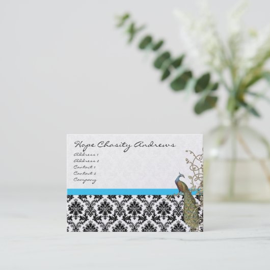 ピーコック白黒ダマスクブライトアクアトリム 名刺 (スタンド正面)