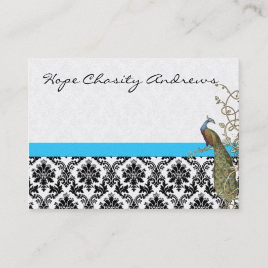 ピーコック白黒ダマスクブライトアクアトリム 名刺 (裏面)