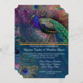 ピーコック羽エレガント羽金ゴールド冬のウェディングアブ 招待状 (正面/裏面)