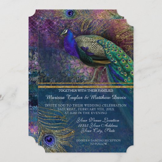 ピーコック羽エレガント羽金ゴールド冬のウェディングアブ 招待状 (正面/裏面)