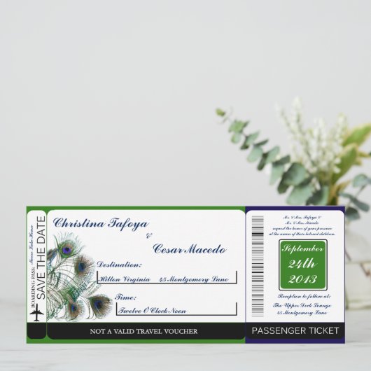 ピーコック羽ボーディングパス結婚式招待状 招待状 (スタンド正面)