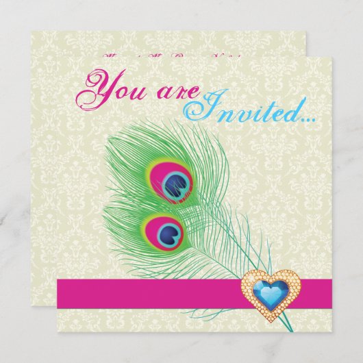 ピーコック羽根玉ハート結婚式招待状 招待状 (正面/裏面)