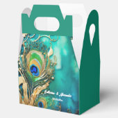 ピーコック羽毛プラムティール(緑がかった色)グリーン金ゴールド高級ブライダル フェイバーボックス (オープン)