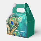 ピーコック羽毛プラムティール(緑がかった色)グリーン金ゴールド高級ブライダル フェイバーボックス (正面サイド)