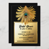 ピーコック羽毛プルムブラック金ゴールドブライダルシャワー 招待状 (正面/裏面)