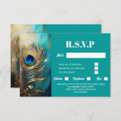 ピーコック羽毛マーブルティール(緑がかった色)バックグラウンド贅沢 出欠カード (正面/裏面)