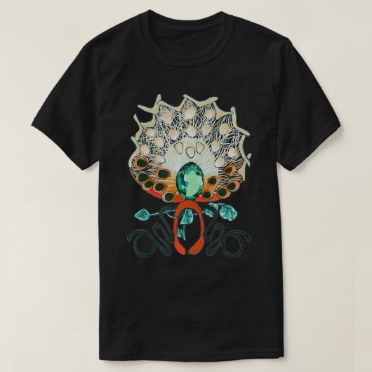 ピーコック葉デザインと糸状鳥の目 Tシャツ (デザイン正面)