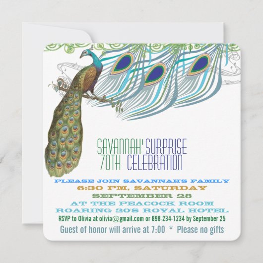 ピーコック70thまたは任意の年の誕生日パーティー 招待状 (正面)