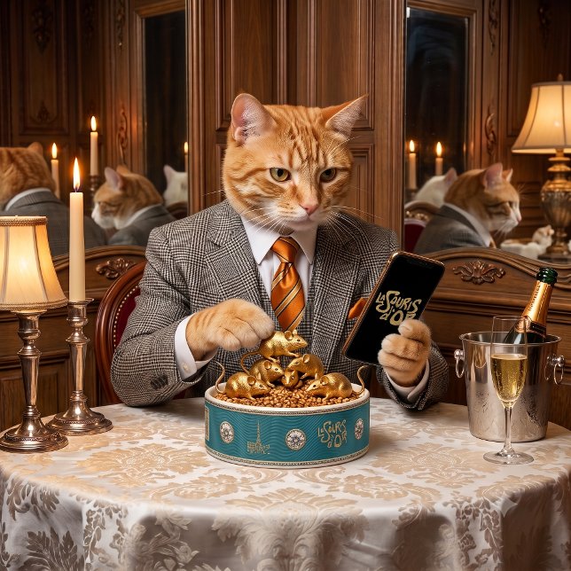 ピーコック・ティール・エナメル製の猫用食器 ゴールド名入れプレート付き ボウル (クリエイターアップロード済み)