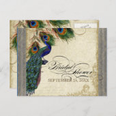 ピーコック&フェザーフォーマルブライダルシャワーシルバー インビテーションポストカード (正面/裏面)