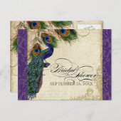 ピーコック&フェザーフォーマルブライダルシャワーパープル インビテーションポストカード (正面/裏面)