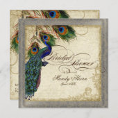 ピーコック&フェザーブライダルシャワーシルバーメタリック 招待状 (正面/裏面)