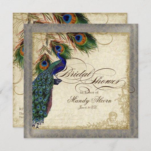 ピーコック&フェザーブライダルシャワーシルバーメタリック 招待状 (正面/裏面)