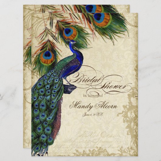 ピーコック&フェザーブライダルシャワーティーステンドカード 招待状 (正面/裏面)