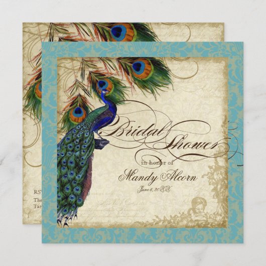 ピーコック&フェザーブライダルシャワー招待状アクアブルー 招待状 (正面/裏面)