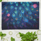 ピーコック – ブルーグリーンアクアフェザー&ピンクの花 キッチンタオル (折り畳み)