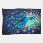 ピーコック – ブルーグリーンアクアフェザー&ピンクの花 キッチンタオル (横)
