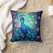 ピーコック – ブルーグリーンアクアフェザー&ピンクの花 クッション (ブランケット)