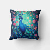 ピーコック – ブルーグリーンアクアフェザー&ピンクの花 クッション (裏面)