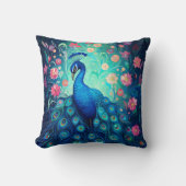ピーコック – ブルーグリーンアクアフェザー&ピンクの花 クッション (正面)