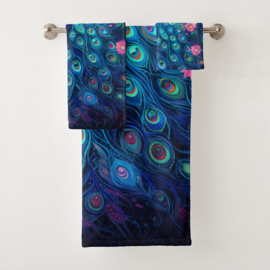 ピーコック – ブルーグリーンアクアフェザー&ピンクの花 バスタオルセット (インサイチュ)