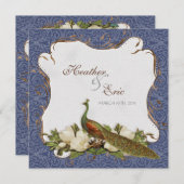 ピーコック マグノリア フローラル スワール ダマスク ウェディング ネイビー 招待状 (正面/裏面)