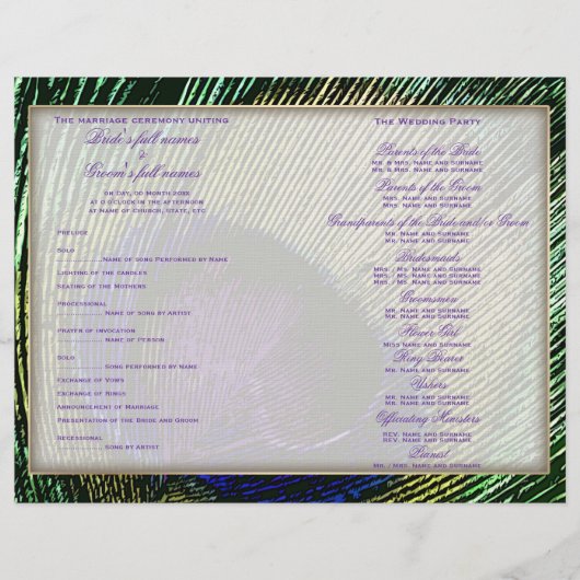 ピーコックnパープル結婚式プログラムテンプレート (正面)