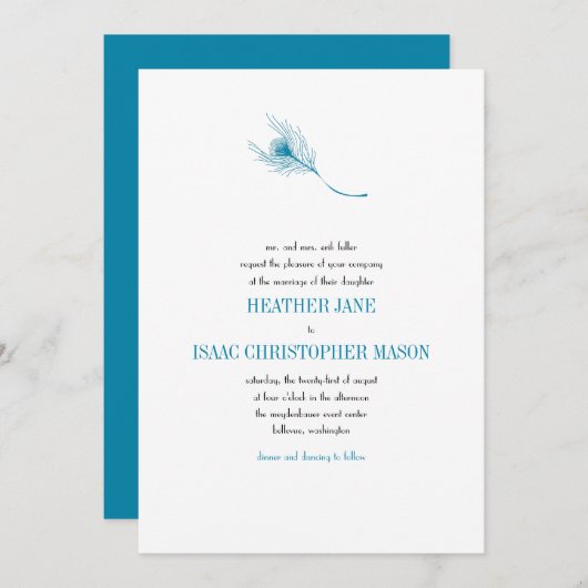 ピーコッファンシークフェザー結婚式招待状 招待状 (正面/裏面)