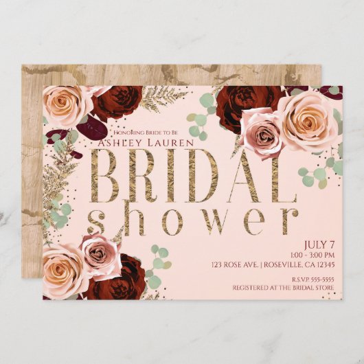 ピーシーバラ金ゴールドピンクブルゴーニュバラブライダルシャワー 招待状 (正面/裏面)