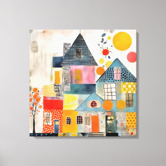 ピースと質感のコラージュで作られた家 キャンバスプリント