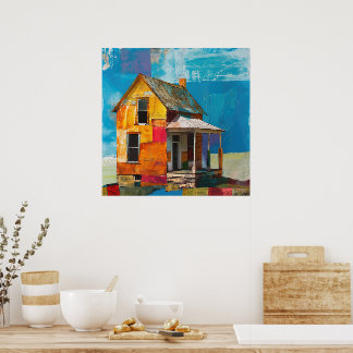 ピースと質感のコラージュで作られた家 ポスター