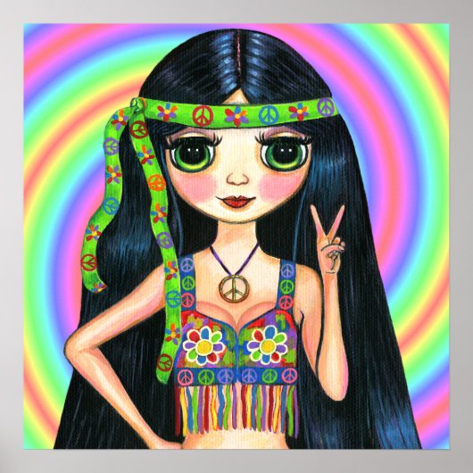 ピースアウトガールヒッピー点滅ピースサイン ポスター (正面)