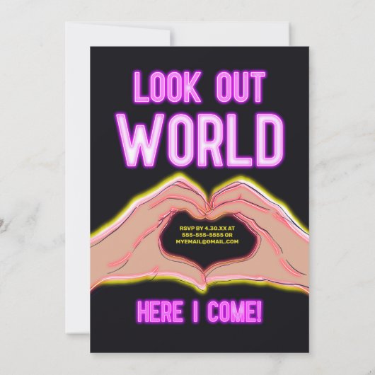 ピースアウトスクールピンクのネオンライト卒業パーティー 招待状 (裏面)