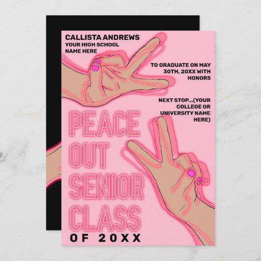 ピースアウトスクールピンクのネオンライト卒業 案内状 (正面/裏面)