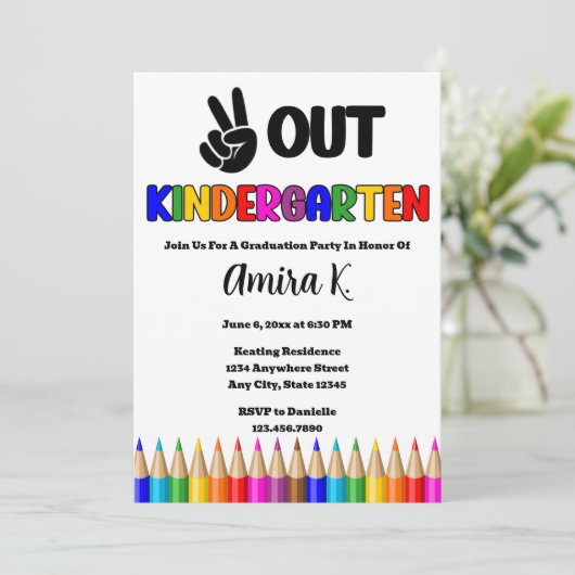ピースアウト幼稚園おもしろいカラフル卒業 招待状 (スタンド正面)