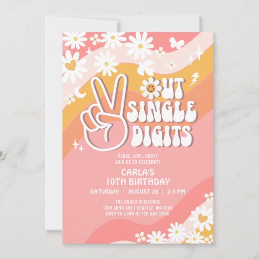 ピースアウト独身のデジットデイジーヒッピー70の誕生日 招待状 (正面)